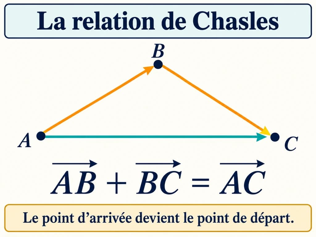 Vecteurs et translation 2AC : comprendre la relation de Chasles Les flèches de A vers B puis de B vers C sont comparées à la flèche directe de A vers C.