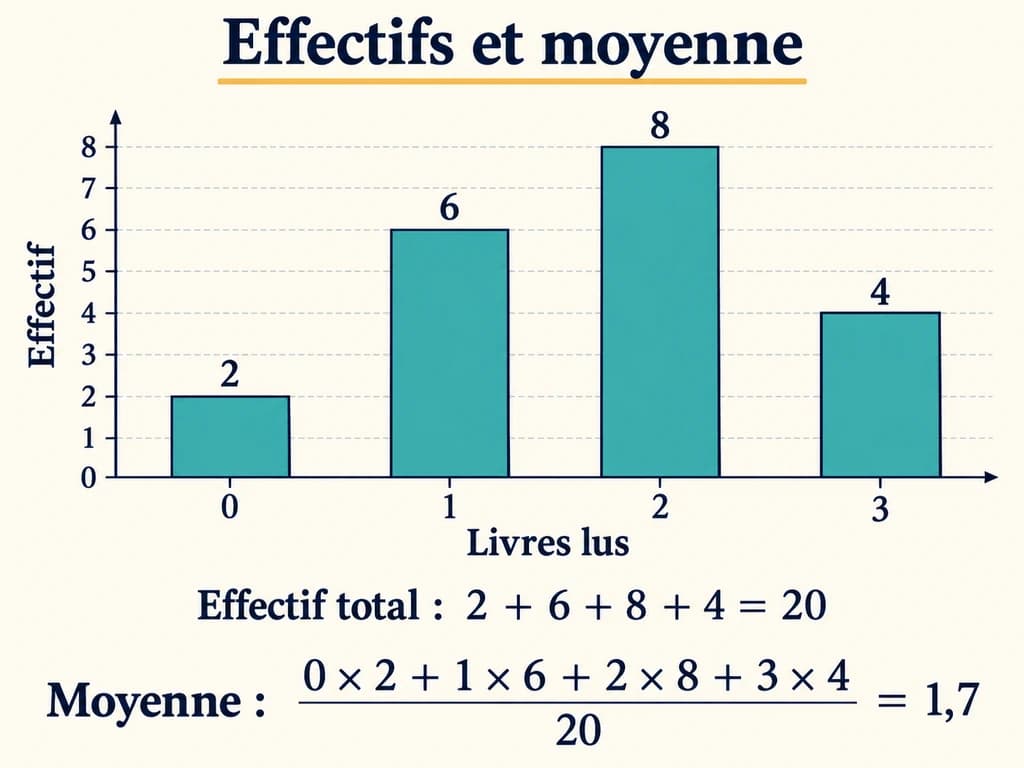 Statistiques 2AC : diagramme en bâtons et moyenne pondérée Le diagramme des livres lus par 20 élèves donne les effectifs 2, 6, 8 et 4 pour 0, 1, 2 et 3 livres et une moyenne de 1,7 livre.