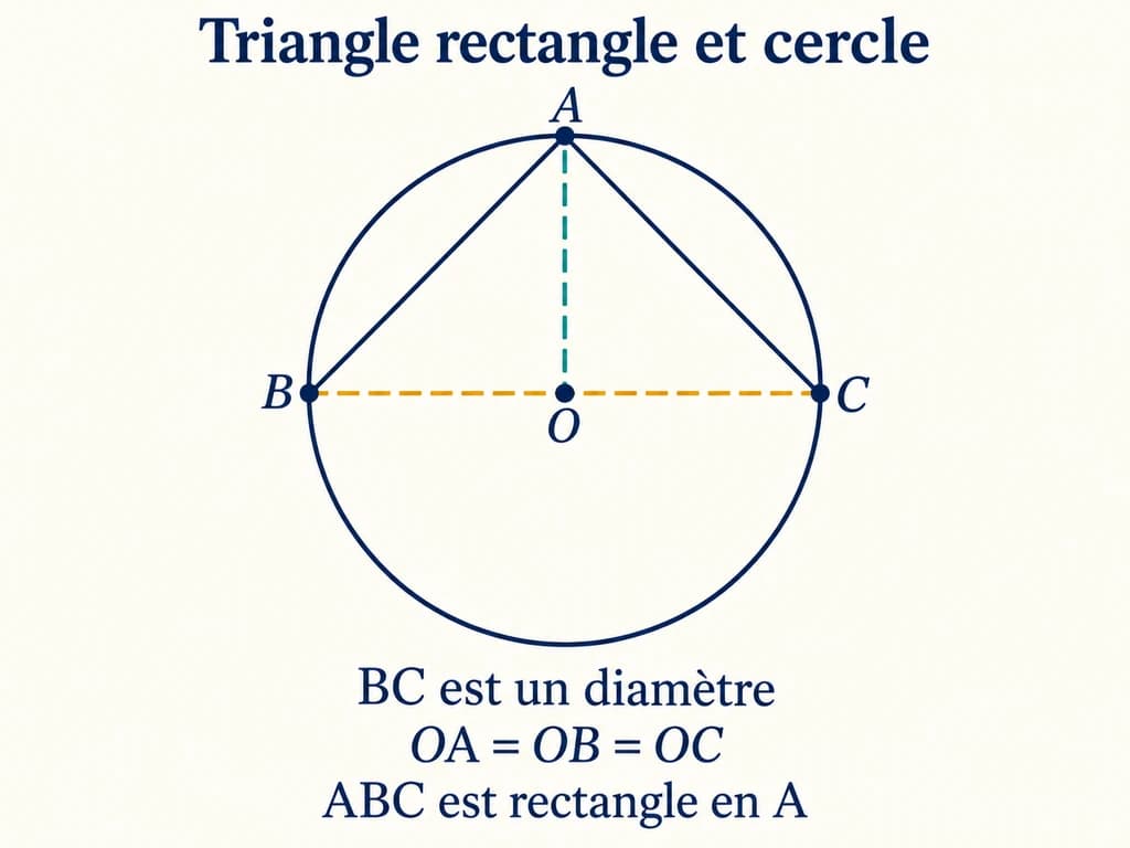 Triangle rectangle et cercle 2AC : diamètre et hypoténuse Le triangle ABC est inscrit dans le cercle de centre O dont BC est un diamètre, avec un angle droit en A et les rayons OA, OB et OC.