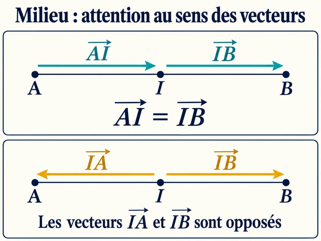 Vecteurs 2AC : reconnaître un milieu et distinguer les vecteurs opposés Sur un segment AB de milieu I, les vecteurs AI et IB sont égaux tandis que IA et IB sont opposés.