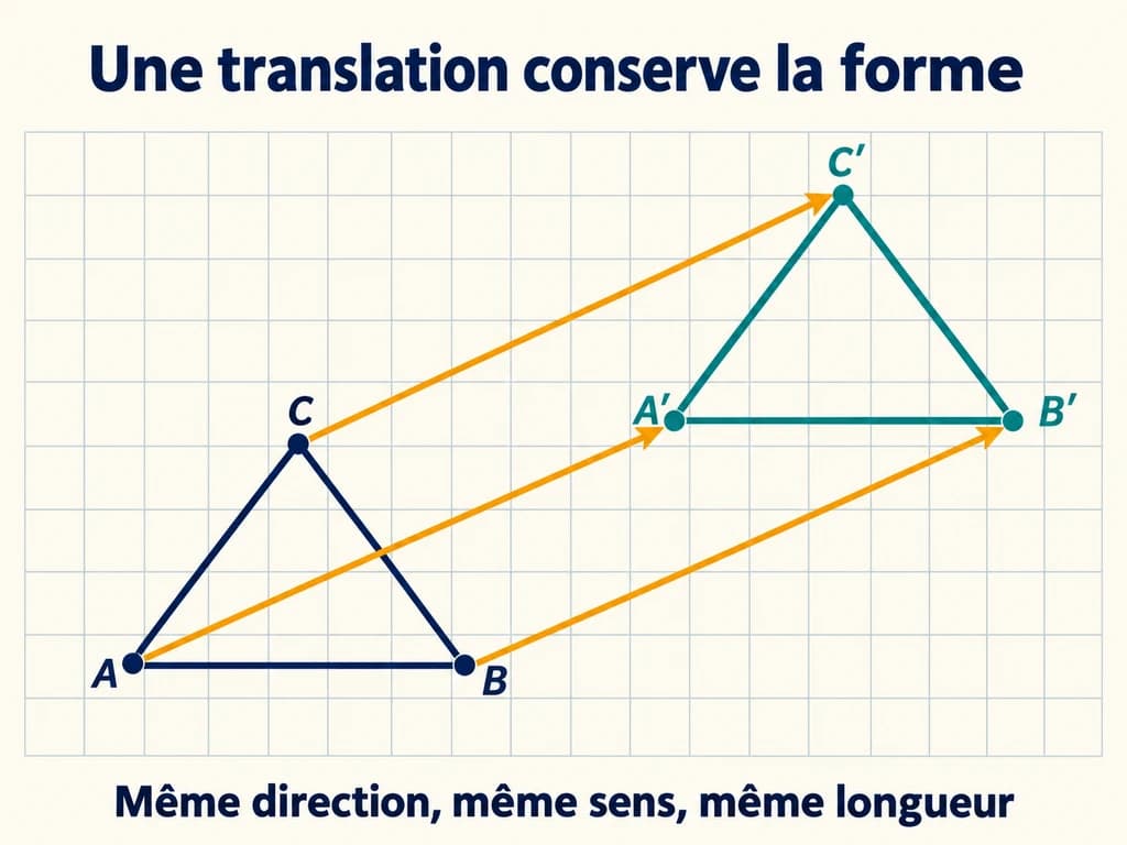 Vecteurs et translation 2AC : construire une image Sur un quadrillage, trois flèches parallèles de même sens et de même longueur relient les sommets d’un triangle à leurs images par translation.