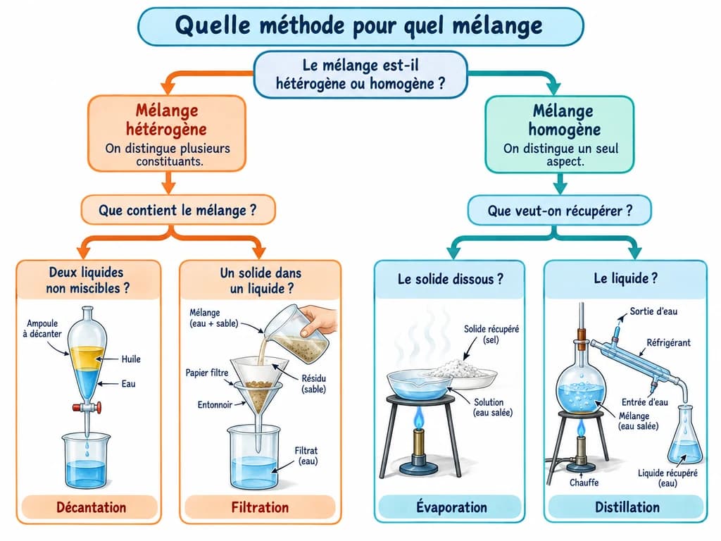 Quelle méthode pour quel mélange (Physique-Chimie 1AC) Quelle méthode pour quel mélange : Deux questions suffisent : le mélange est-il hétérogène ou homogène, et que cherche-t-on à récupérer ?
