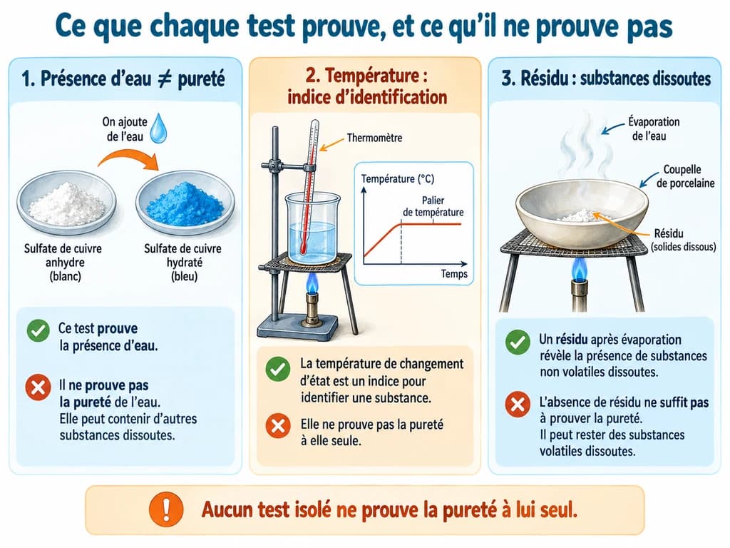 Ce que chaque test prouve, et ce qu'il ne prouve pas (Physique-Chimie 1AC) Ce que chaque test prouve, et ce qu'il ne prouve pas : Le sulfate de cuivre anhydre révèle la présence d’eau, pas sa pureté. Un résidu après évaporation révèle des substances non volatiles ; son absence ne suffit pas à prouver la pureté.