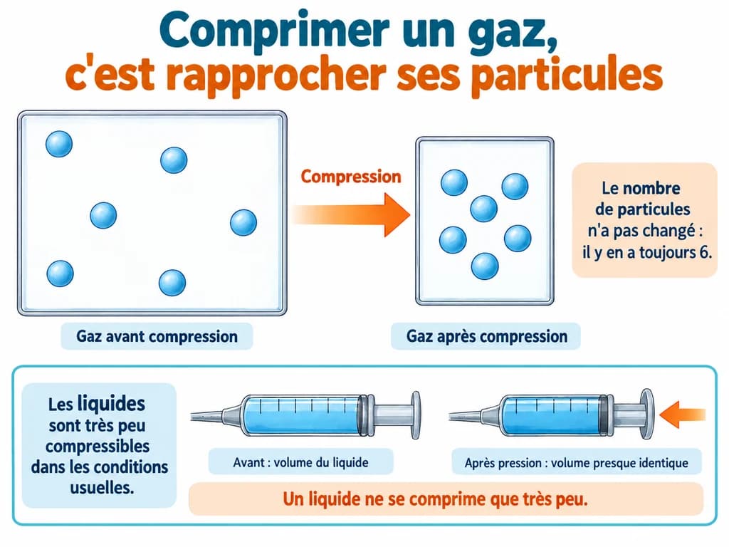Comprimer un gaz, c'est rapprocher ses particules (Physique-Chimie 1AC) Comprimer un gaz, c'est rapprocher ses particules : Comprimer un gaz rapproche ses particules sans en changer le nombre ni la taille. Les liquides sont très peu compressibles dans les conditions usuelles.