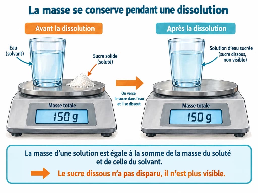 La masse se conserve pendant une dissolution (Physique-Chimie 1AC) La masse se conserve pendant une dissolution : La masse d'une solution est égale à la somme de la masse du soluté et de celle du solvant : le sucre dissous n'a pas disparu, il n'est plus visible.
