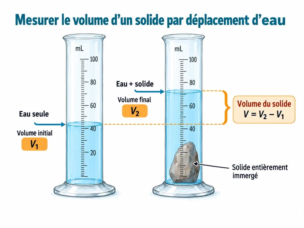 Mesurer le volume d'un solide par déplacement d'eau (Physique-Chimie 1AC) Mesurer le volume d'un solide par déplacement d'eau : Un solide entièrement immergé fait monter le niveau de l'eau d'un volume exactement égal au sien : son volume est la différence entre le niveau final et le niveau initial.