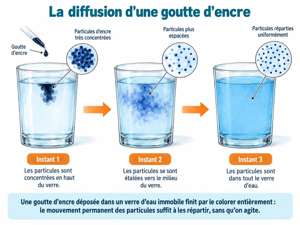 La diffusion d'une goutte d'encre (Physique-Chimie 1AC) La diffusion d'une goutte d'encre : Une goutte d'encre déposée dans un verre d'eau immobile finit par le colorer entièrement : le mouvement permanent des particules suffit à les répartir, sans qu'on agite.