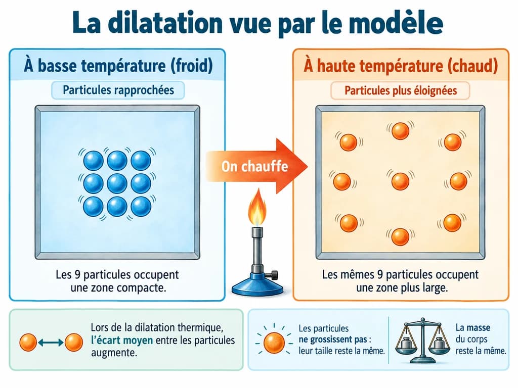 La dilatation vue par le modèle (Physique-Chimie 1AC) La dilatation vue par le modèle : Lors de la dilatation thermique, l’écart moyen entre les particules augmente : les particules ne grossissent pas et la masse du corps reste la même.