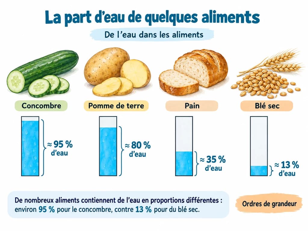 La part d'eau de quelques aliments (Physique-Chimie 1AC) La part d'eau de quelques aliments : De nombreux aliments contiennent de l’eau en proportions différentes : environ 95 % pour le concombre, contre 13 % pour du blé sec. Ce sont des ordres de grandeur.