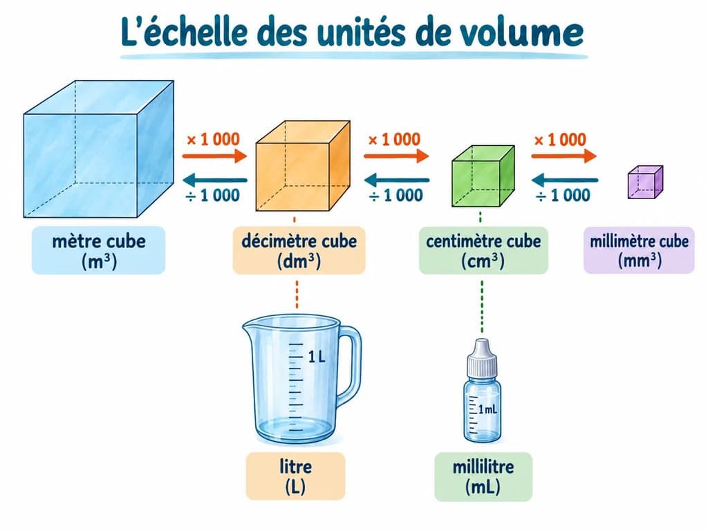 L'échelle des unités de volume (Physique-Chimie 1AC) L'échelle des unités de volume : Deux unités de volume voisines sont dans un rapport de mille : un mètre cube vaut mille décimètres cubes, et un décimètre cube vaut mille centimètres cubes, c'est-à-dire un litre vaut mille millilitres.