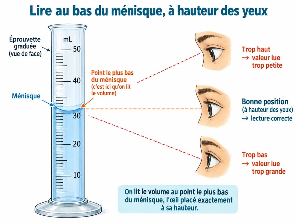 Lire au bas du ménisque, à hauteur des yeux (Physique-Chimie 1AC) Lire au bas du ménisque, à hauteur des yeux : La lecture d'un volume se fait au point le plus bas du ménisque, l'œil placé exactement à sa hauteur : une position trop haute ou trop basse fausse la valeur lue.