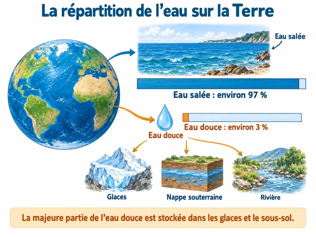 La répartition de l'eau sur la Terre (Physique-Chimie 1AC) La répartition de l'eau sur la Terre : Environ 97 % de l’eau terrestre est salée et 3 % est douce. La majeure partie de l’eau douce est stockée dans les glaces et les eaux souterraines.