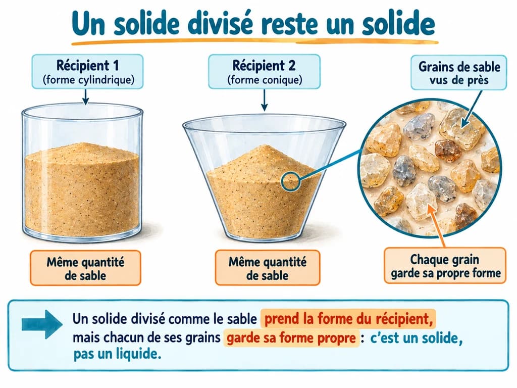 Un solide divisé reste un solide (Physique-Chimie 1AC) Un solide divisé reste un solide : Un solide divisé comme le sable prend la forme du récipient, mais chacun de ses grains garde sa forme propre : c'est un solide, pas un liquide.