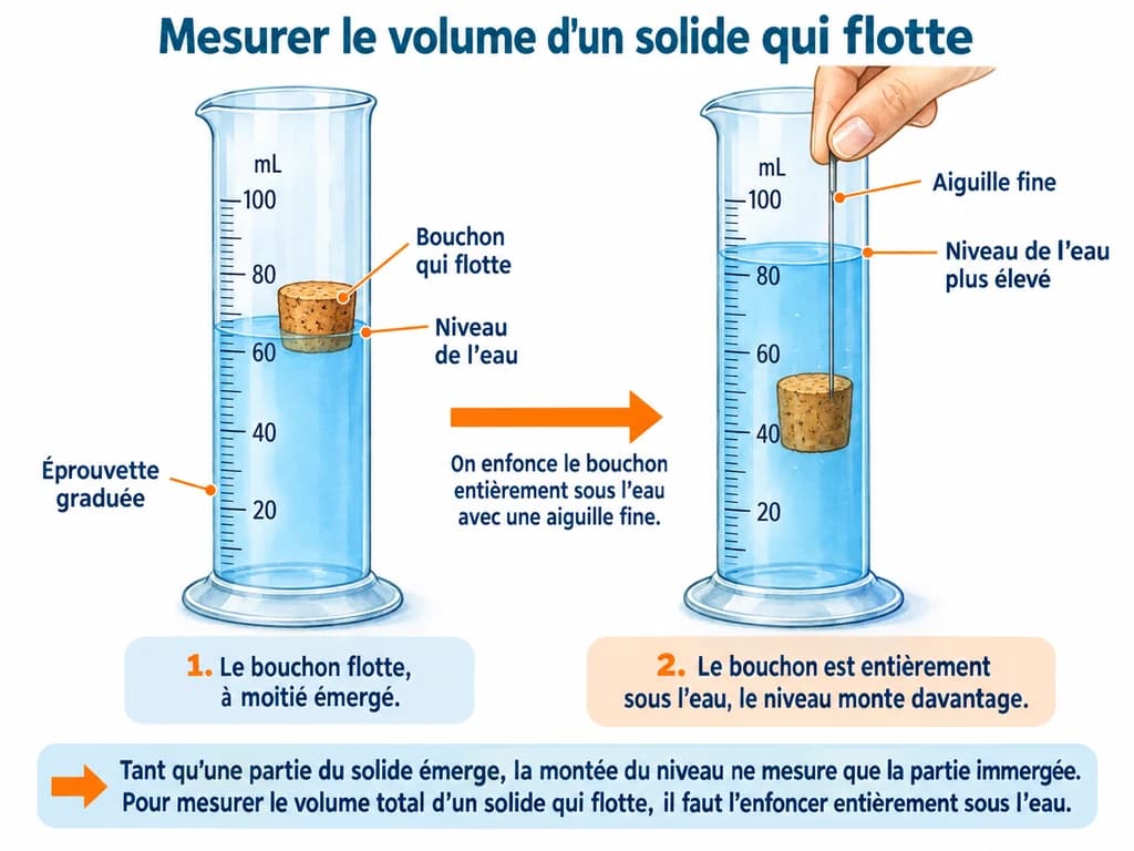 Mesurer le volume d'un solide qui flotte (Physique-Chimie 1AC) Mesurer le volume d'un solide qui flotte : Un solide qui flotte doit être enfoncé entièrement sous l'eau avec une aiguille fine : tant qu'une partie émerge, la montée du niveau ne mesure que la partie immergée.