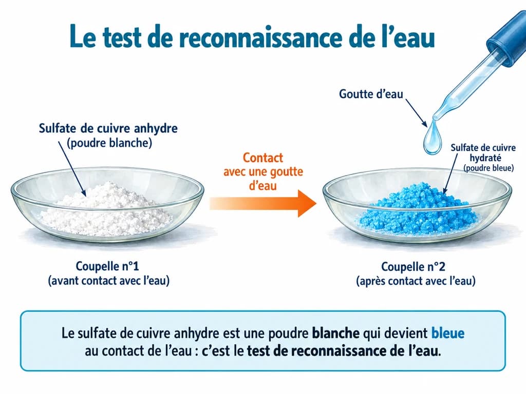 Le test de reconnaissance de l'eau (Physique-Chimie 1AC) Le test de reconnaissance de l'eau : Le sulfate de cuivre anhydre est une poudre blanche qui devient bleue au contact de l'eau : c'est le test de reconnaissance de l'eau.
