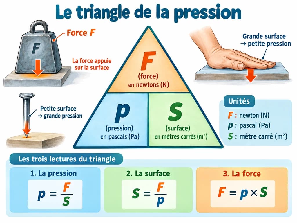 Le triangle de la pression (Physique-Chimie 1AC) Le triangle de la pression : Le triangle donne les trois relations d'un coup : p = F divisé par S, S = F divisé par p, et F = p multiplié par S.