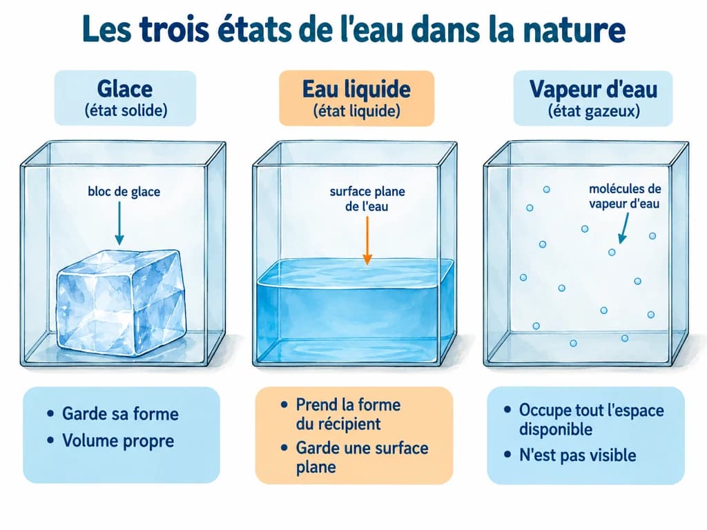 Les trois états de l'eau dans la nature (Physique-Chimie 1AC) Les trois états de l'eau dans la nature : La glace garde sa forme, l'eau liquide prend celle du récipient en gardant une surface plane, et la vapeur d'eau occupe tout l'espace disponible sans être visible.