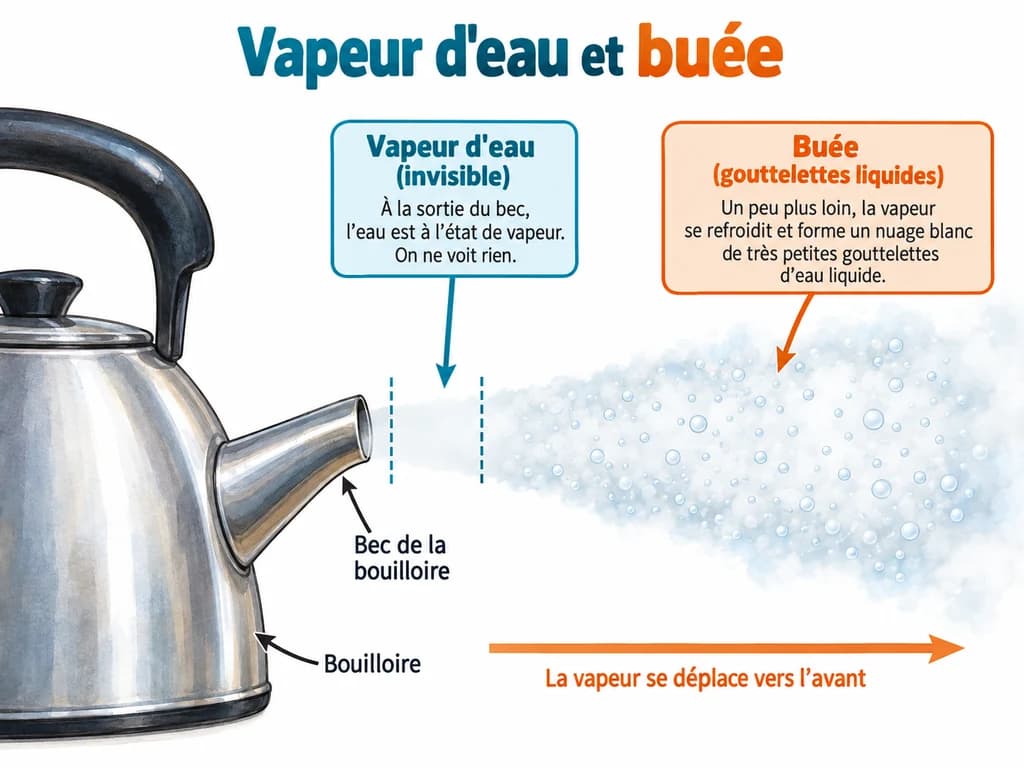 Vapeur d'eau et buée (Physique-Chimie 1AC) Vapeur d'eau et buée : Juste à la sortie du bec, l'eau est à l'état de vapeur et rien n'est visible ; le nuage blanc que l'on voit plus loin est de la buée, faite de gouttelettes d'eau liquide.
