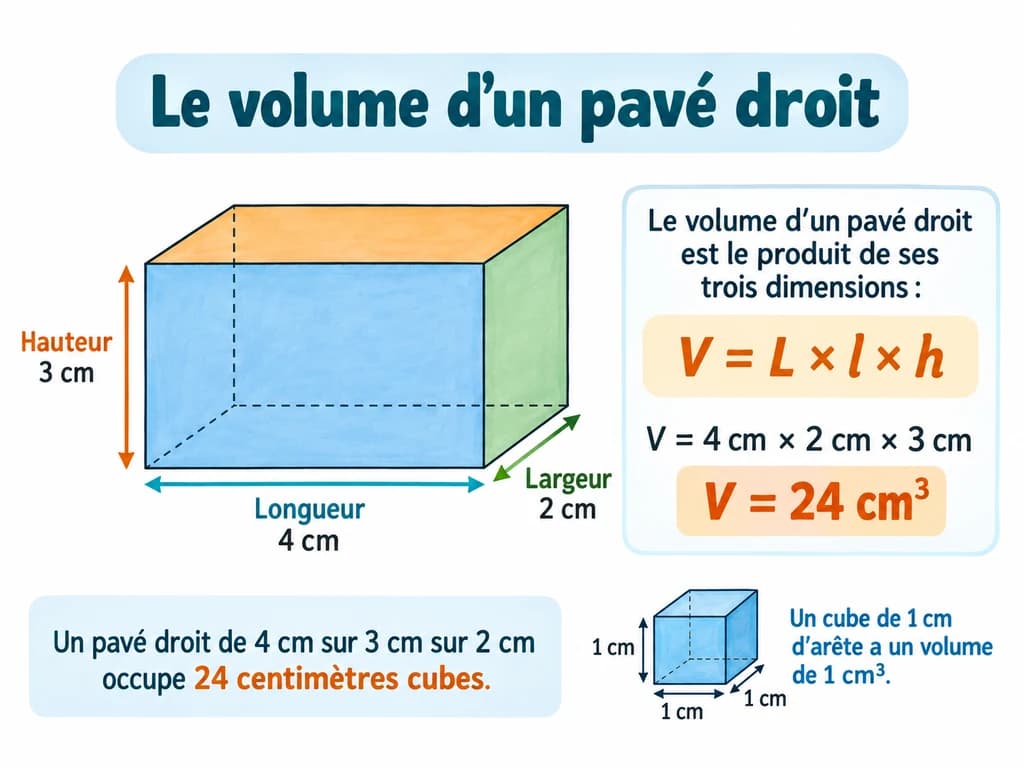 Le volume d'un pavé droit (Physique-Chimie 1AC) Le volume d'un pavé droit : Le volume d'un pavé droit est le produit de ses trois dimensions : un pavé de 4 cm sur 3 cm sur 2 cm occupe 24 centimètres cubes.
