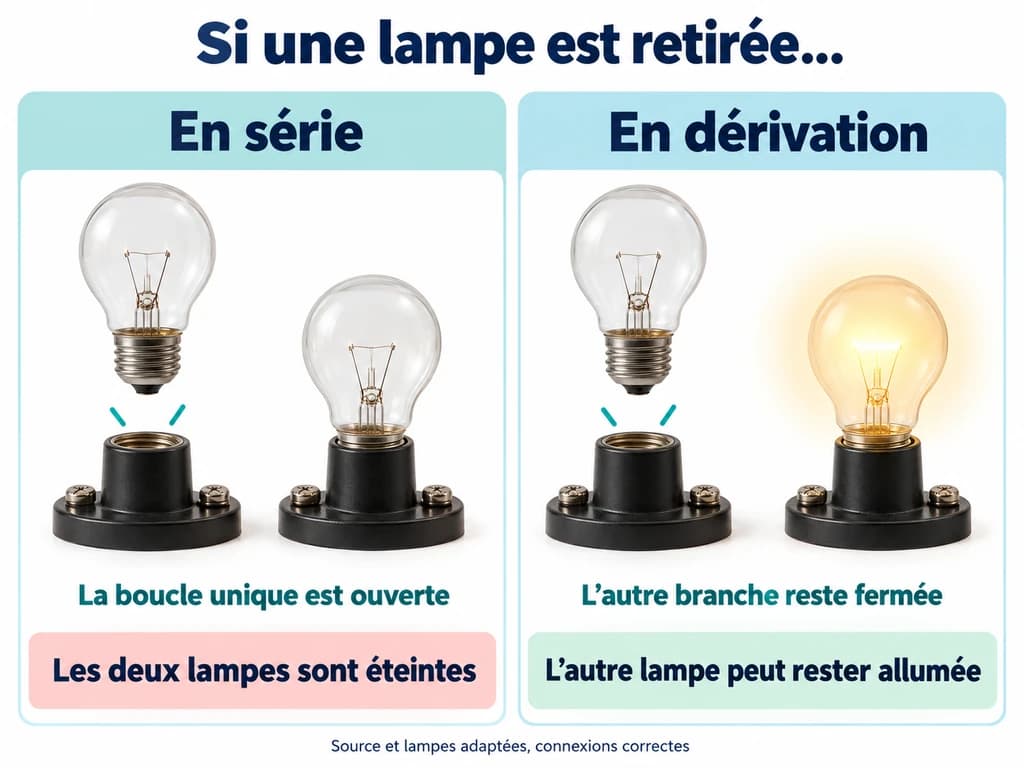 Retirer une lampe en série ou en dérivation, PC 1AC Deux vignettes comparent une lampe retirée en série et une branche ouverte en dérivation.
