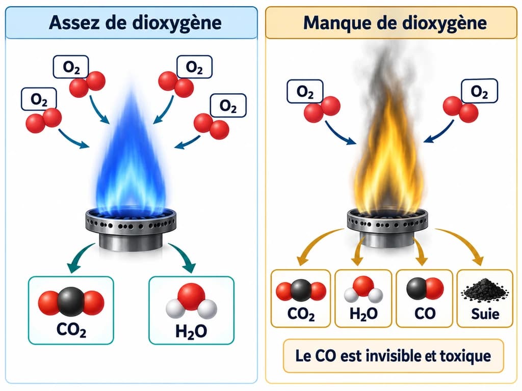 Combustion complète et incomplète — Physique-Chimie 3AC Deux modèles comparent une combustion avec assez de dioxygène et une combustion qui manque de dioxygène, avec formation possible de suie et de monoxyde de carbone.