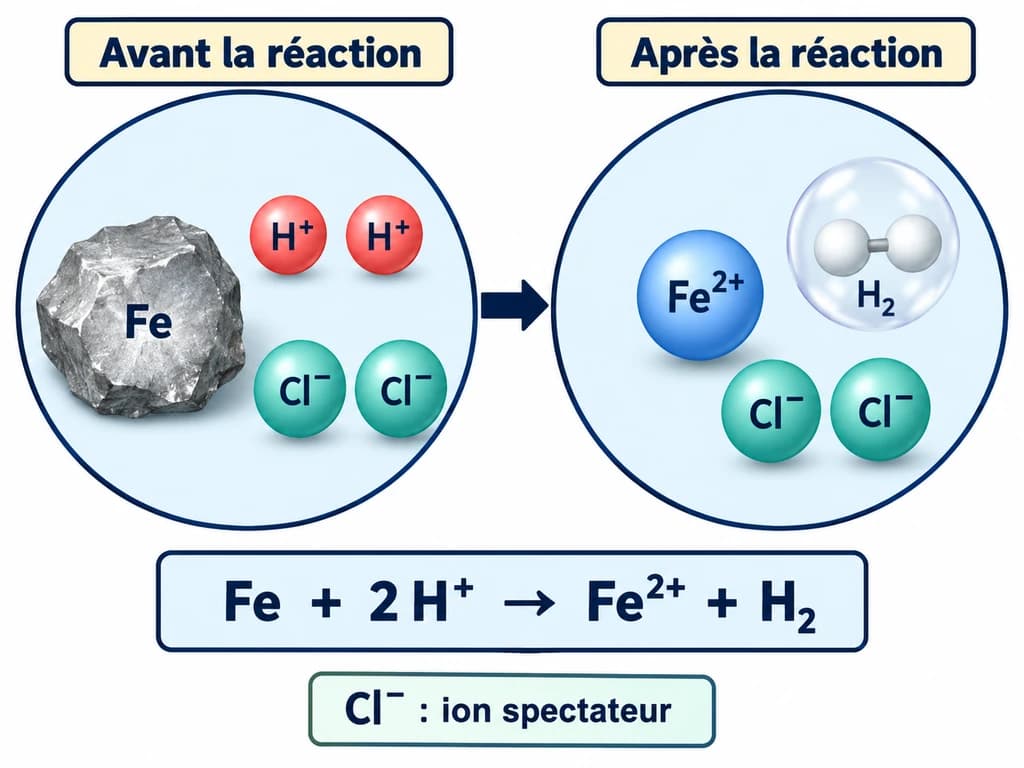 Le fer réagit avec l’acide chlorhydrique — Physique-Chimie 3AC Un modèle montre le fer et deux ions H⁺ avec deux ions Cl⁻ avant réaction, puis Fe²⁺, H₂ et les deux ions Cl⁻ inchangés.