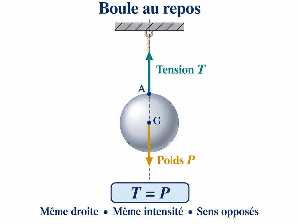 Deux forces sur une boule suspendue — Physique-Chimie 3AC Sur une boule suspendue au repos, la tension du fil monte depuis A et le poids descend depuis G sur la même droite verticale.