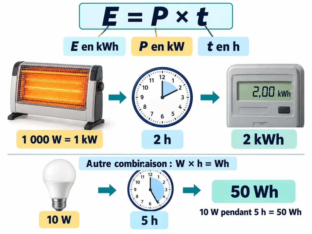 L’énergie électrique — Physique-Chimie 3AC L’énergie consommée dépend de la puissance et de la durée d’utilisation : E = P × t. Le compteur domestique indique des kilowattheures. Physique-Chimie 3AC.
