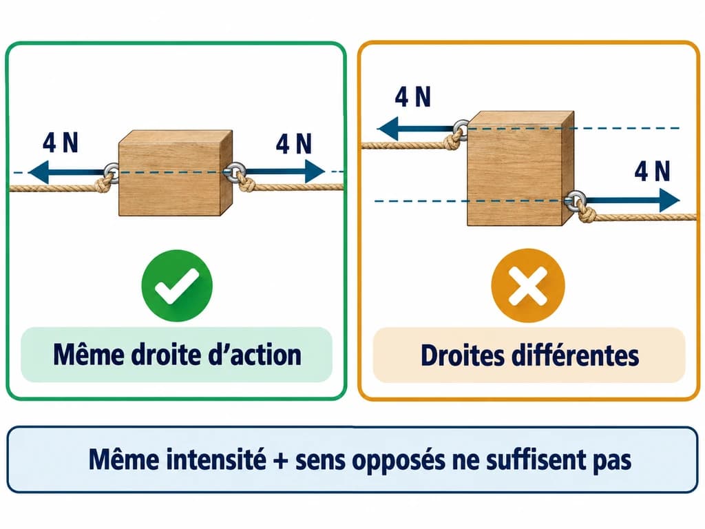 Équilibre d’un solide soumis à deux forces — Physique-Chimie 3AC Deux forces qui maintiennent un solide au repos ont la même droite d’action, des sens opposés et la même intensité. Physique-Chimie 3AC.