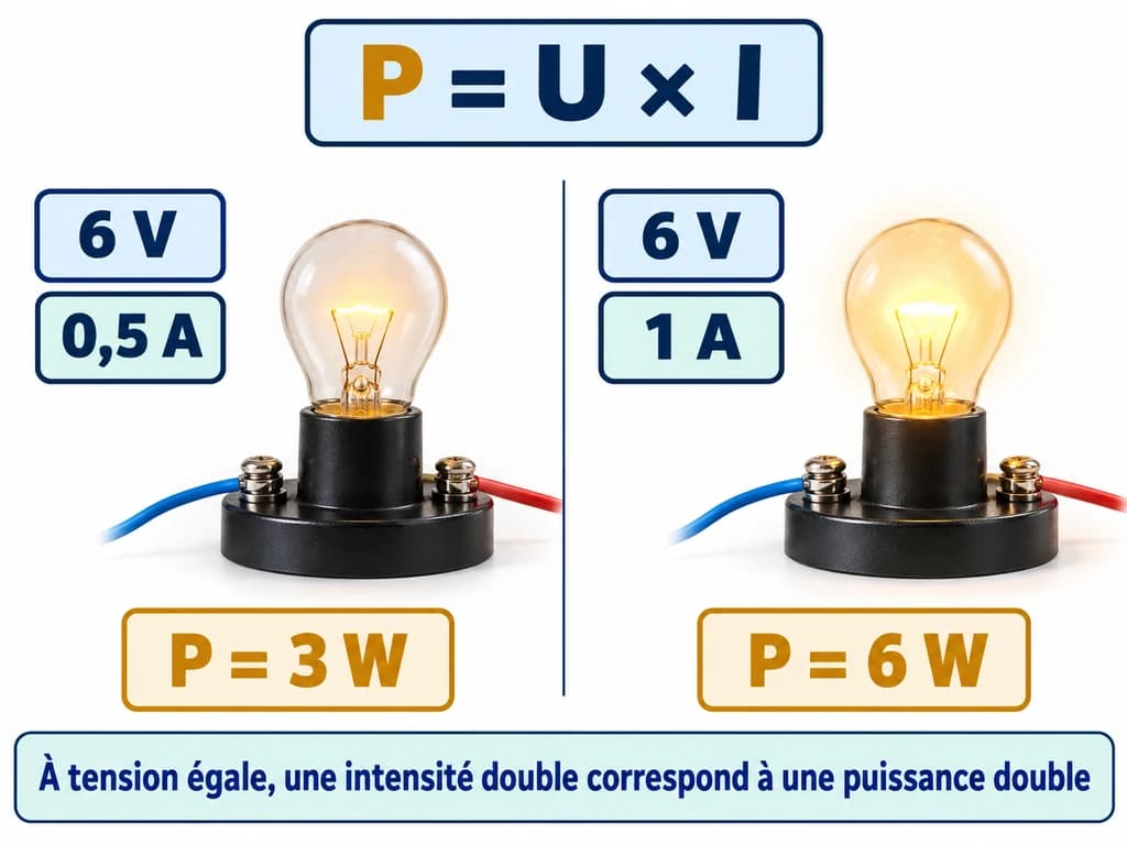 La puissance électrique — Physique-Chimie 3AC La puissance indique le rythme du transfert d’énergie. Dans les conditions étudiées, elle se calcule par P = U × I. Physique-Chimie 3AC.