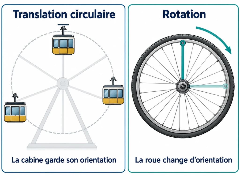 Translation circulaire et rotation — Physique-Chimie 3AC Une cabine qui reste verticale suit une trajectoire circulaire en translation ; une roue tourne autour de son axe en rotation.