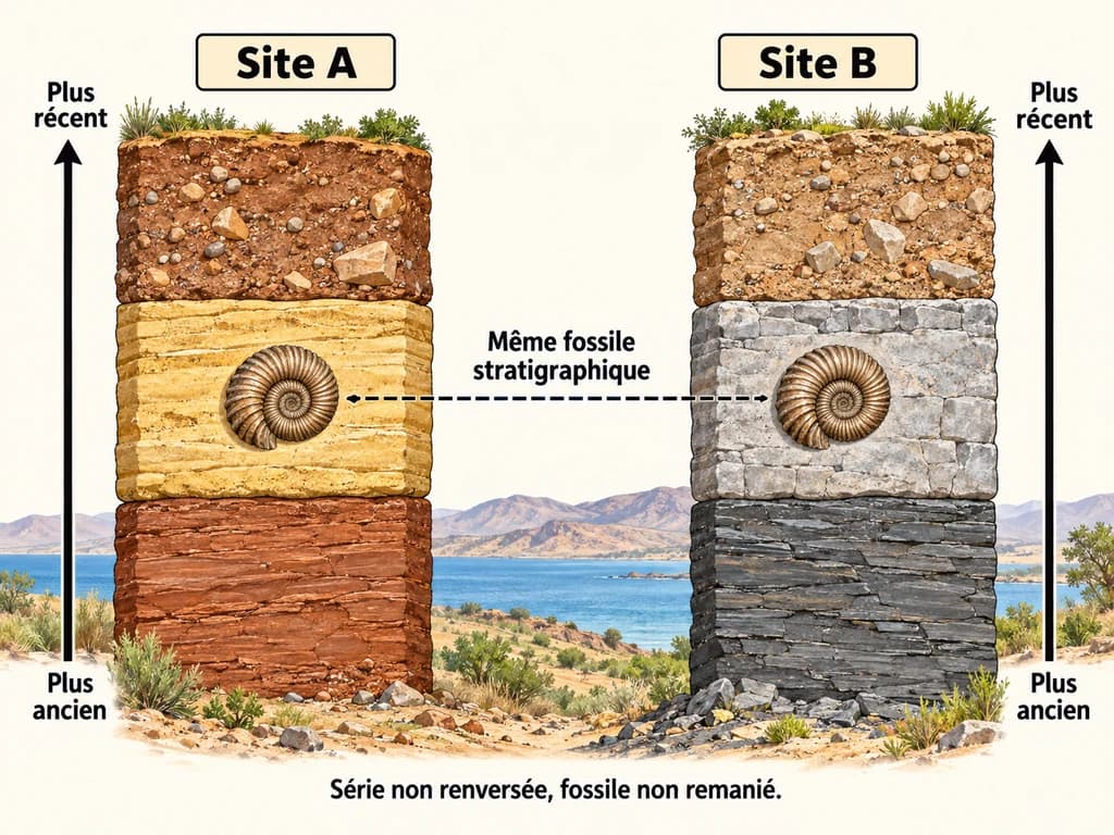 Datation relative et fossile stratigraphique en SVT 1AC Deux séries de couches non renversées montrent un même fossile repère dans leur couche médiane, malgré des roches différentes.