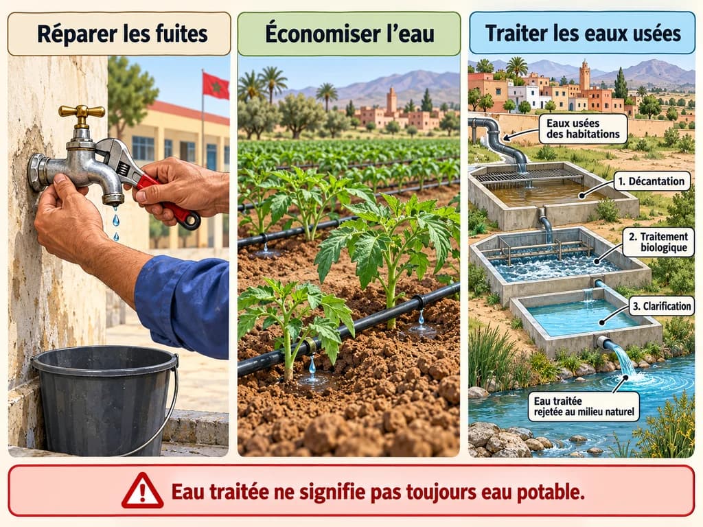 Protéger les ressources hydriques : économies et épuration Trois scènes montrent la réparation d'une fuite, l'irrigation au goutte-à-goutte et le traitement des eaux usées avant leur rejet.