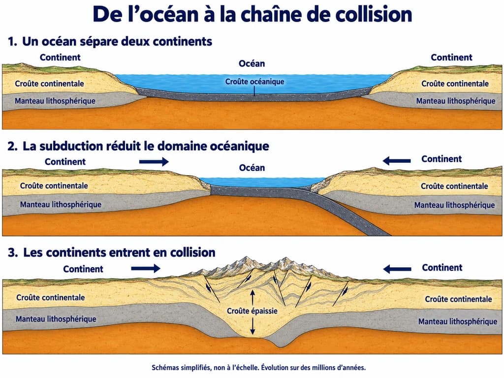 De la fermeture d'un océan à la collision, SVT 2AC Trois coupes successives montrent un océan entre deux continents, sa réduction par subduction puis une collision avec croûte épaissie.