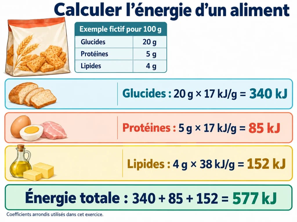 Éducation nutritionnelle 3AC : calculer l’énergie d’un aliment Exemple fictif pour 100 g d’aliment : 20 g de glucides donnent 340 kJ, 5 g de protéines donnent 85 kJ et 4 g de lipides donnent 152 kJ, soit 577 kJ.