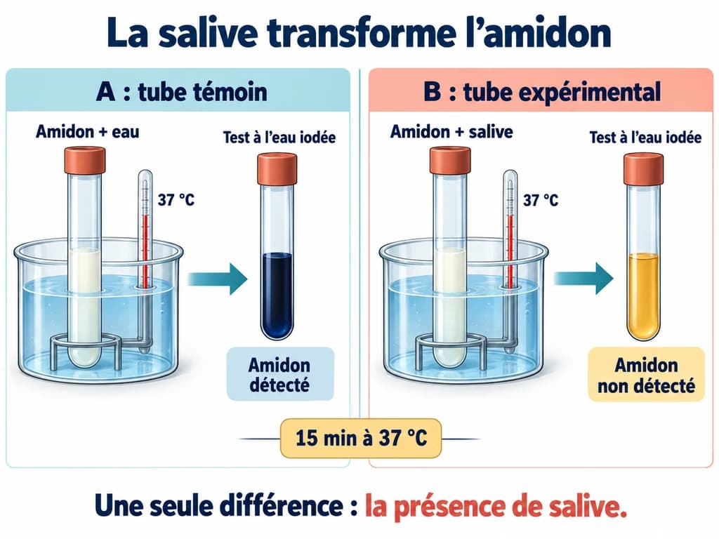 Digestion de l’amidon : expérience avec la salive en SVT 3AC Deux tubes à 37 °C pendant 15 minutes : amidon et eau dans le témoin A, amidon et salive dans B ; l’eau iodée devient bleu-noir seulement dans A.