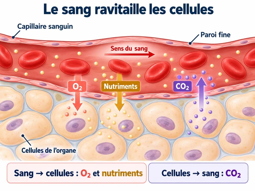 Circulation sanguine 3AC : échanges entre sang et cellules Un capillaire traverse un organe : le dioxygène et les nutriments passent du sang vers les cellules, tandis que le CO₂ passe des cellules vers le sang.